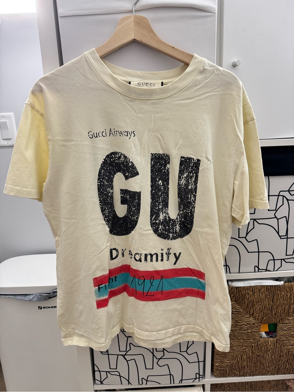 Gucci Cream Graphic Tee with Black Trim and Red Stitching